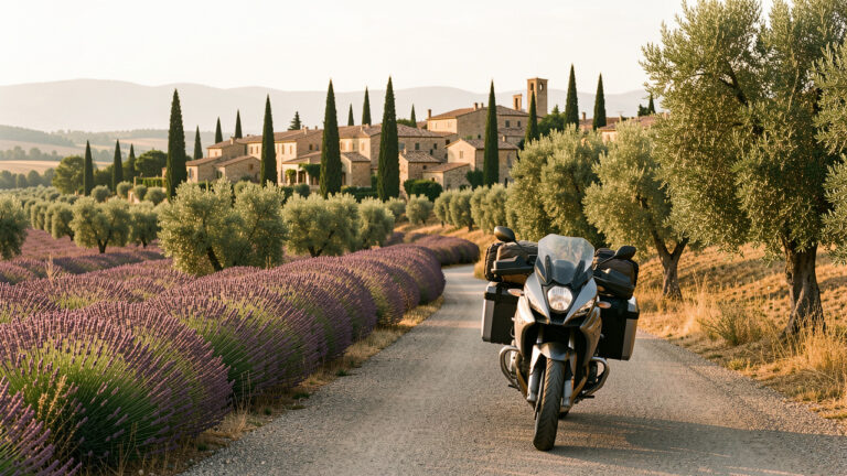 Moto de tourisme équipée de bagages légers roulant sur une route sinueuse au milieu des champs de lavande et des paysages provençaux près d’Avignon.
