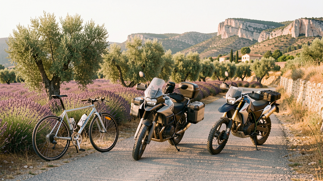 Trois modèles de motos garés sur une route panoramique au milieu des lavandes et des collines provençales.