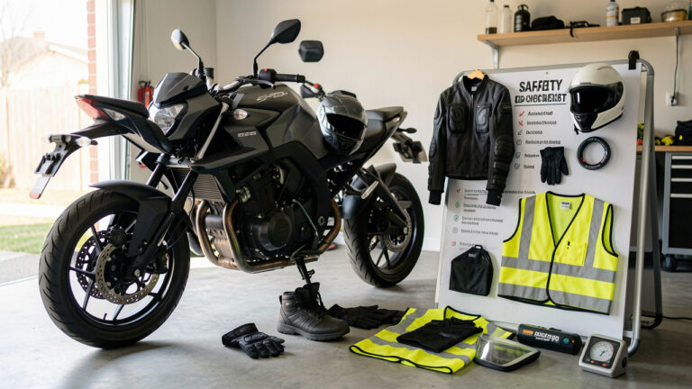Moto 125 stationnée dans un garage avec casque, veste renforcée, gants, bottes, gilet réfléchissant et manomètre disposés pour une vérification avant le départ.