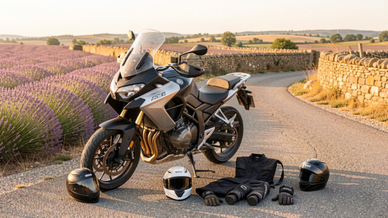 Moto de voyage A2 garée sur une route de Provence, entourée d’un casque intégral, d’une veste renforcée, de gants, d’un pantalon protecteur et de bottes de moto.