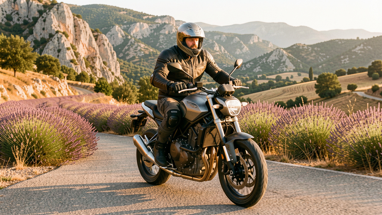 Un homme à moto traverse une route montagneuse de Provence avec un casque intégral, une veste renforcée, des gants, un pantalon adapté et des bottes de protection.