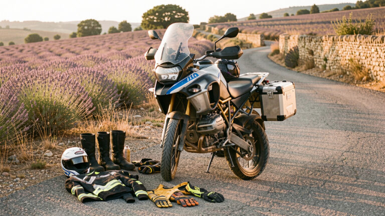 Une moto de tourisme garée sur une route sinueuse de Provence, entourée d’un casque intégral, d’une veste renforcée, de gants et de bottes de moto.
