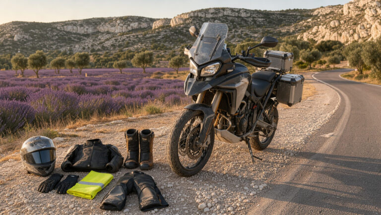 Moto de voyage garée sur une route provençale, entourée d’un casque, d’une veste renforcée, de gants, de bottes et de vêtements de protection.
