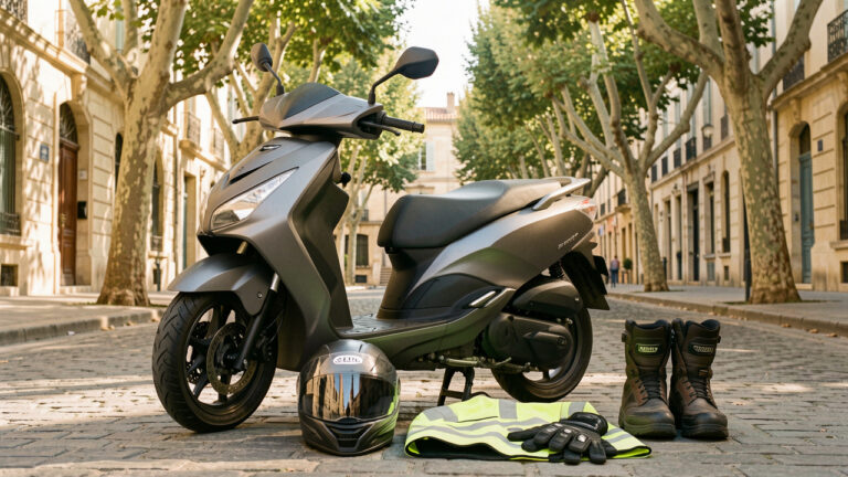 Scooter stationné à Aix-en-Provence avec casque, gants, veste réfléchissante et bottes de protection pour une circulation sereine.
