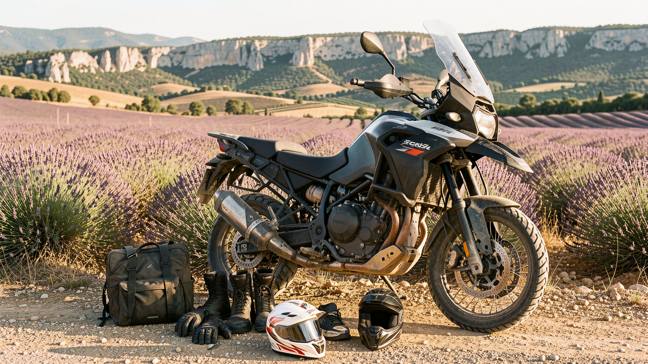 Casque de moto et équipement de protection disposés près d’une moto trail dans un paysage provençal.