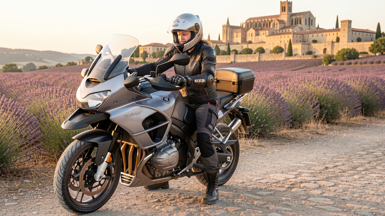 Motarde équipée d’un casque intégral et de vêtements de protection près d’une moto de tourisme, dans un paysage provençal aux abords d’Avignon.
