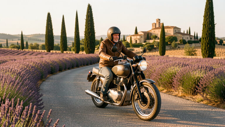 Motocyclette de tourisme classique parcourant une route sinueuse de Provence près d’Avignon, entre champs de lavande, cyprès et villages en pierre.