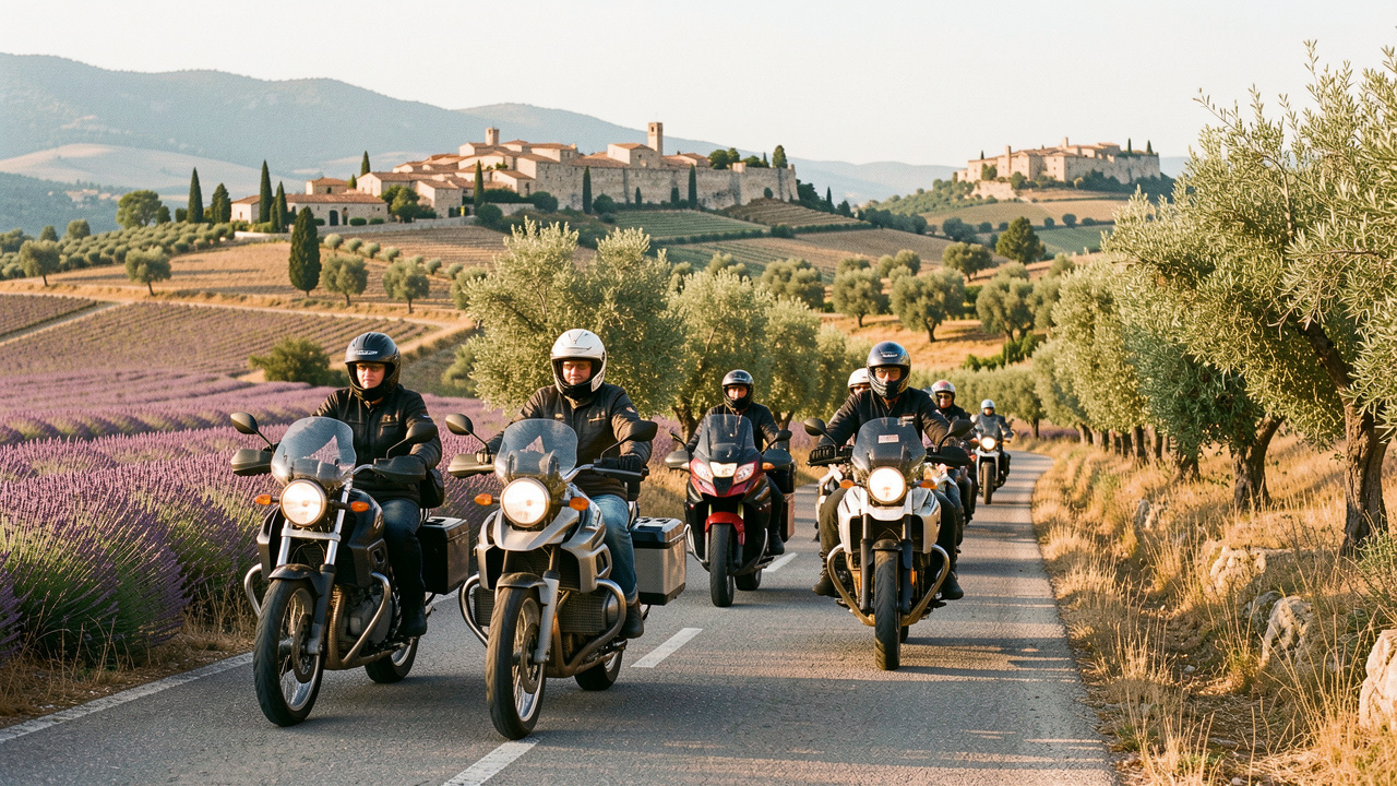 Groupe de motards parcourant une route sinueuse entre les champs de lavande et les paysages vallonnés de Provence près d’Avignon.
