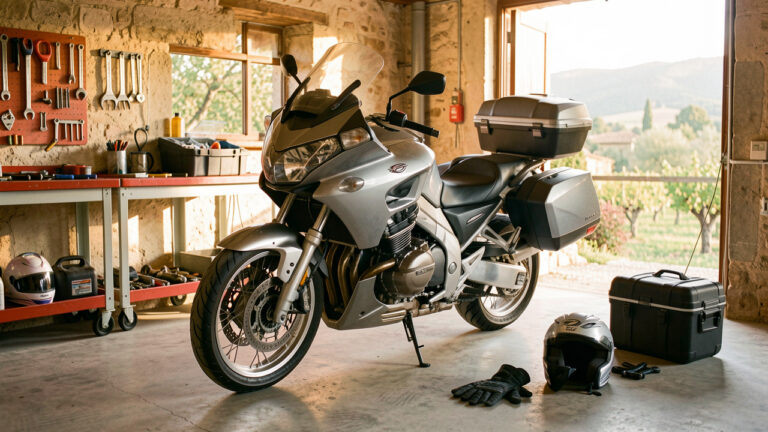 Moto de moyenne cylindrée préparée pour un road trip en Provence dans un garage propre, avec outils, casque, gants et valises de voyage.