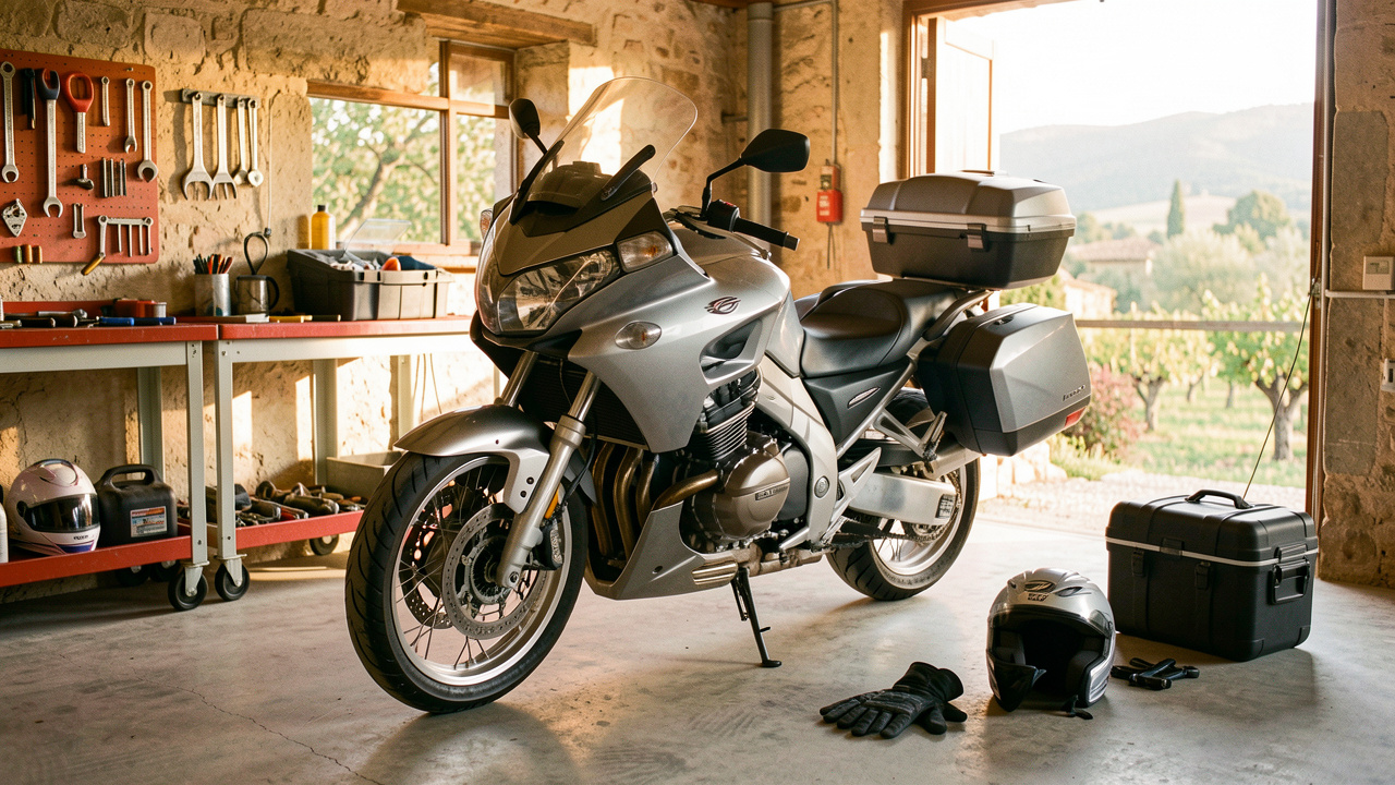 Moto de moyenne cylindrée préparée pour un road trip en Provence dans un garage propre, avec outils, casque, gants et valises de voyage.