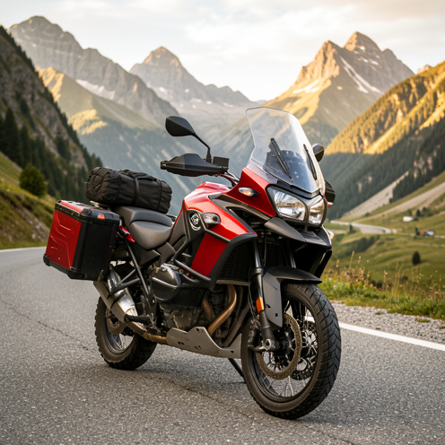 Moto trail de moyenne cylindrée rouge et noire stationnée sur une route de montagne au coucher du soleil.