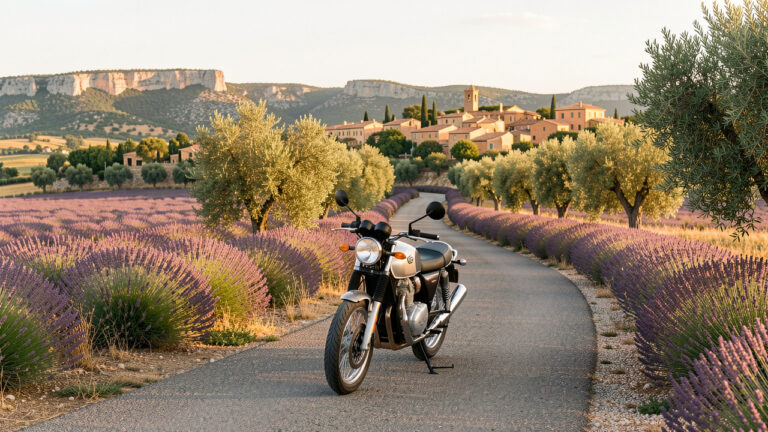 Moto 125 cm³ classique sur une route sinueuse bordée de lavande et d’oliviers en Provence.