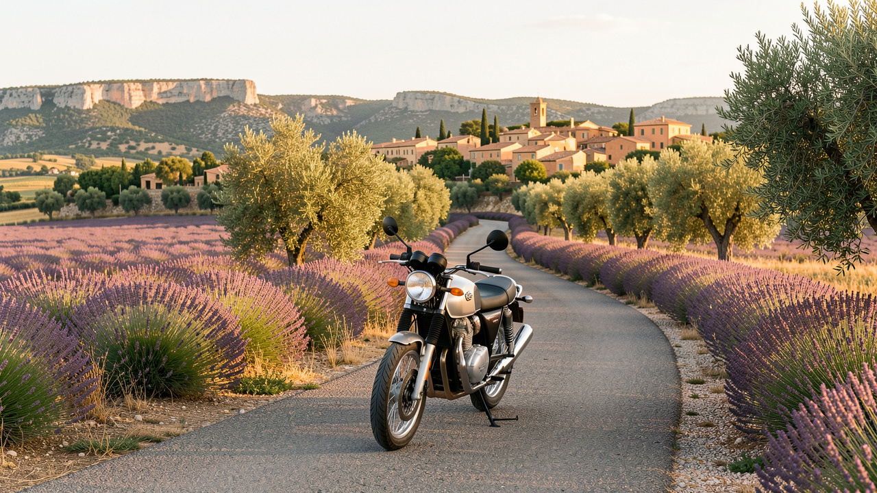 Moto 125 cm³ classique sur une route sinueuse bordée de lavande et d’oliviers en Provence.