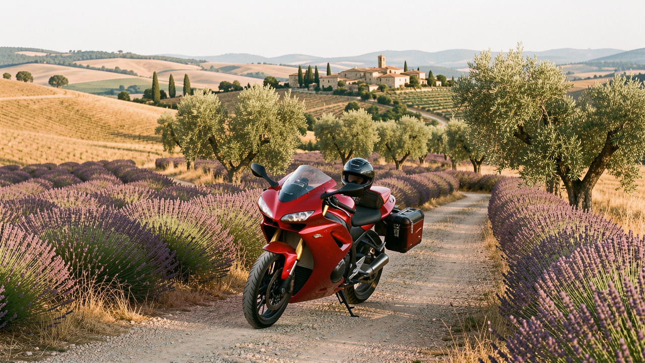 Moto roadster rouge parcourant une route sinueuse au milieu des champs de lavande en Provence, avec des collines dorées et des villages en pierre à l’arrière-plan.