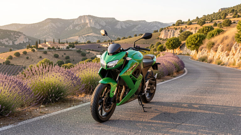 Moto Kawasaki Z900 verte stationnée sur une route sinueuse au milieu des paysages provençaux, avec lavande, collines calcaires et végétation méditerranéenne.