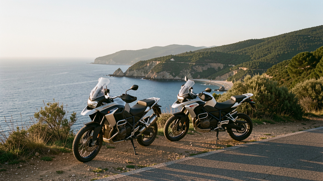 Deux motos de location garées sur un belvédère offrant une vue sur le littoral méditerranéen et les collines boisées de l’arrière-pays varois.