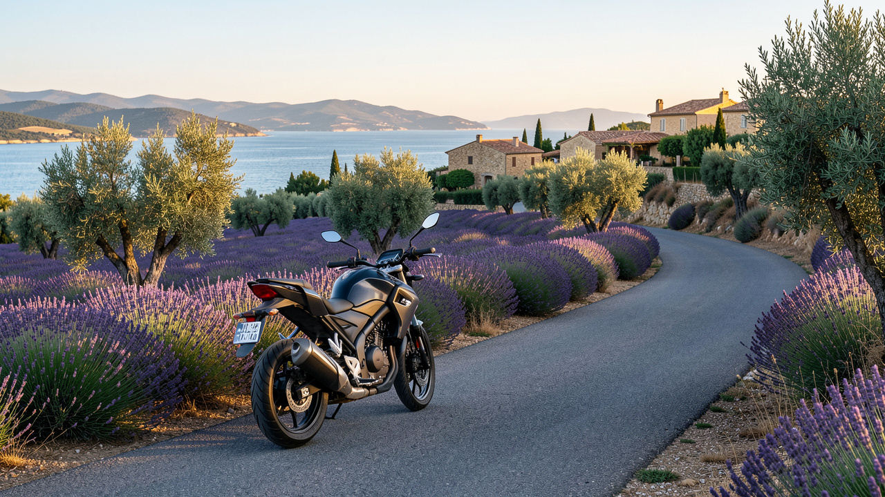 Moto 125 garée sur une route provençale bordée de lavande, d’oliviers et de collines baignées par la lumière dorée.