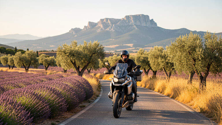 Moto moderne roulant sur une route provençale entre Aix-en-Provence, la montagne Sainte-Victoire et le Luberon, au milieu des champs de lavande et des oliviers.