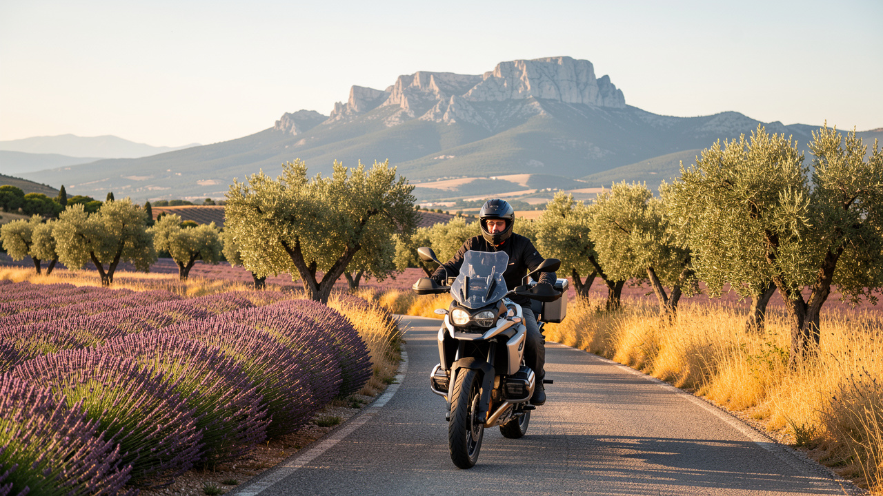 Moto moderne roulant sur une route provençale entre Aix-en-Provence, la montagne Sainte-Victoire et le Luberon, au milieu des champs de lavande et des oliviers.