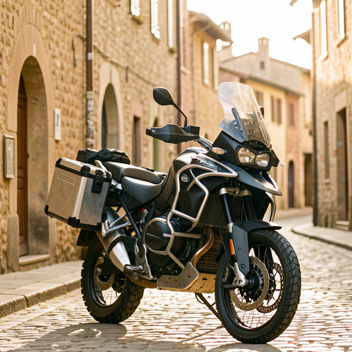 Moto trail haut de gamme stationnée dans une rue ensoleillée d’Avignon, devant une architecture provençale en pierre.
