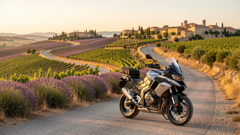 Moto de tourisme stationnée sur une route provençale près d’Avignon, avec trois itinéraires panoramiques traversant lavandes, vignobles et villages ensoleillés.