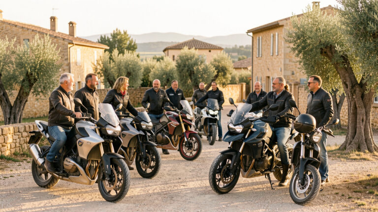 Un groupe de motards et de motardes se retrouve autour de motos de location dans un paysage ensoleillé près de Nîmes.