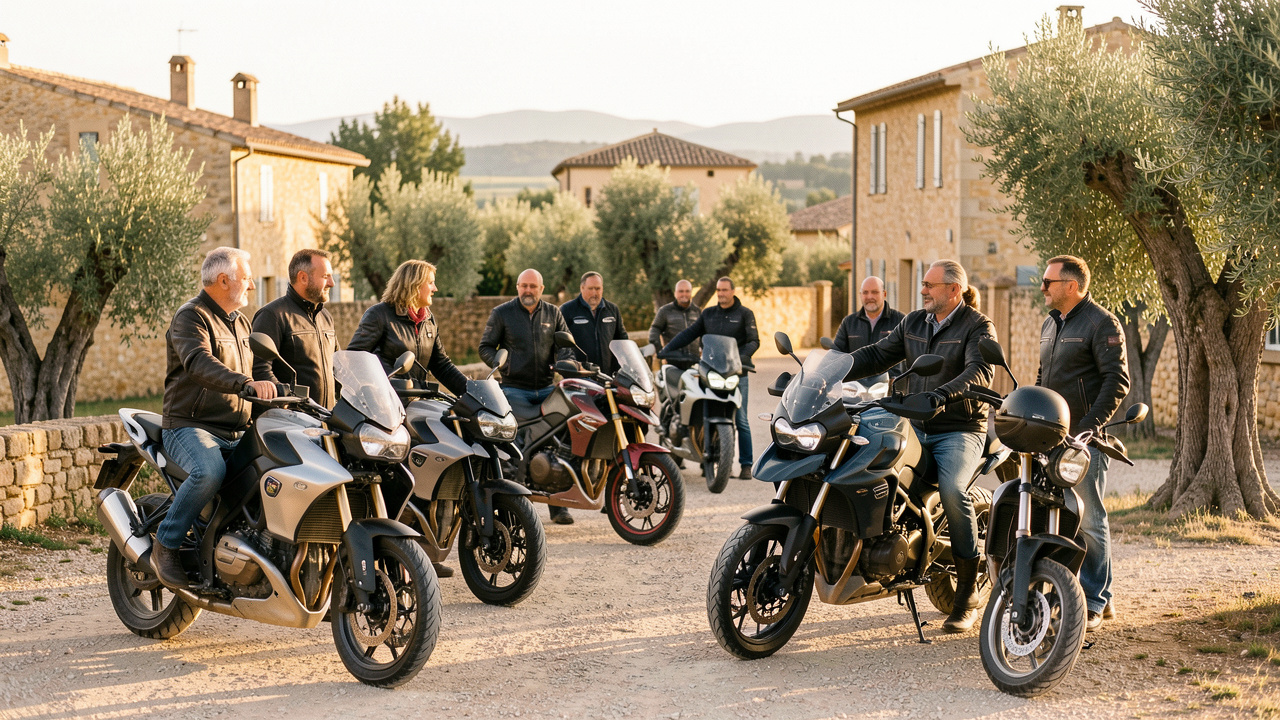 Un groupe de motards et de motardes se retrouve autour de motos de location dans un paysage ensoleillé près de Nîmes.