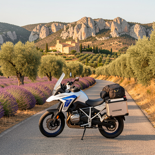 Moto d’aventure blanche et bleue garée sur une route sinueuse au milieu des champs de lavande en Provence.