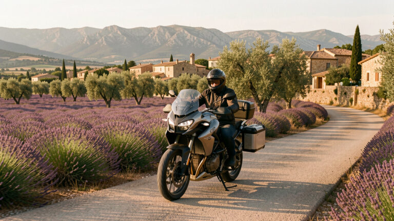 Moto de tourisme roulant sur une route sinueuse entre les champs de lavande et les villages en pierre de Provence.