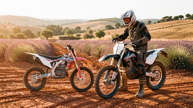Un jeune homme en équipement de protection compare deux motos de motocross près d’une piste poussiéreuse entourée de paysages provençaux.