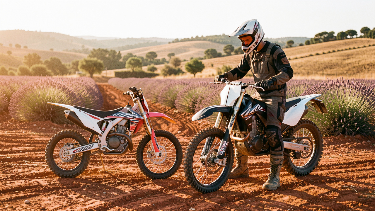 Un jeune homme en équipement de protection compare deux motos de motocross près d’une piste poussiéreuse entourée de paysages provençaux.