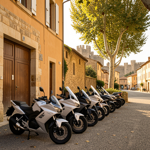 Rangée de motos modernes garées devant un bâtiment en pierre à Avignon, dans une ambiance provençale ensoleillée.
