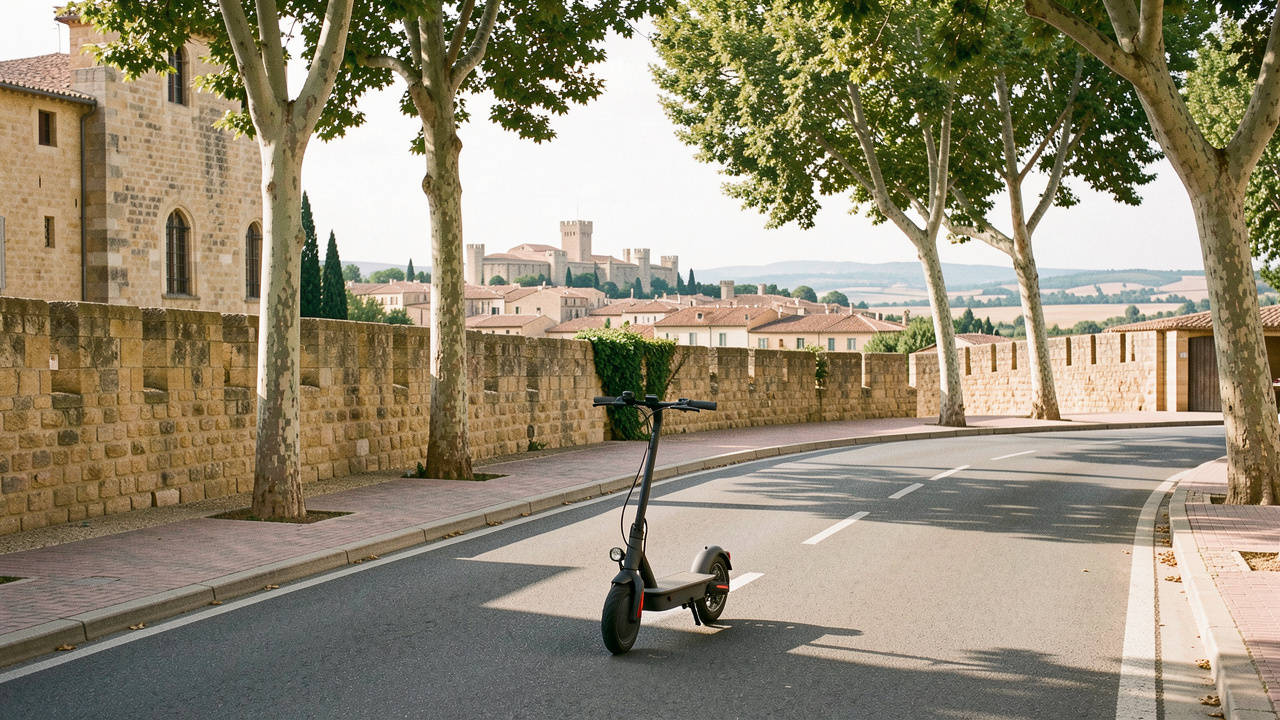 Scooter circulant près des remparts historiques d’Avignon, avec le centre-ville et la campagne provençale en arrière-plan.