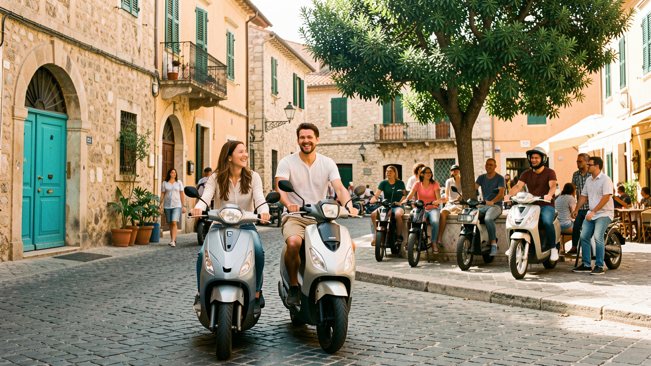 Deux jeunes adultes se déplacent en scooters dans une rue historique ensoleillée de Nîmes et saluent un groupe de cyclistes près d’une place arborée.