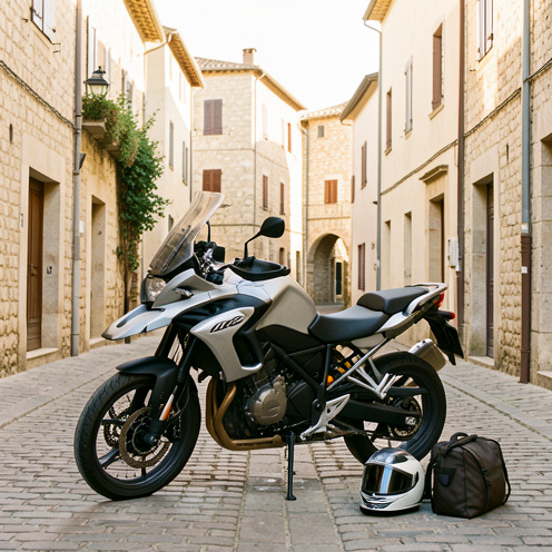 Moto moderne garée dans une rue calme d’Avignon, avec un casque et un sac de voyage devant une architecture provençale en pierre.