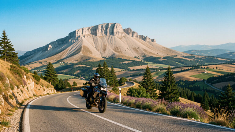 Moto de tourisme sur une route sinueuse du mont Ventoux, entourée de paysages provençaux, de pins et de champs de lavande.