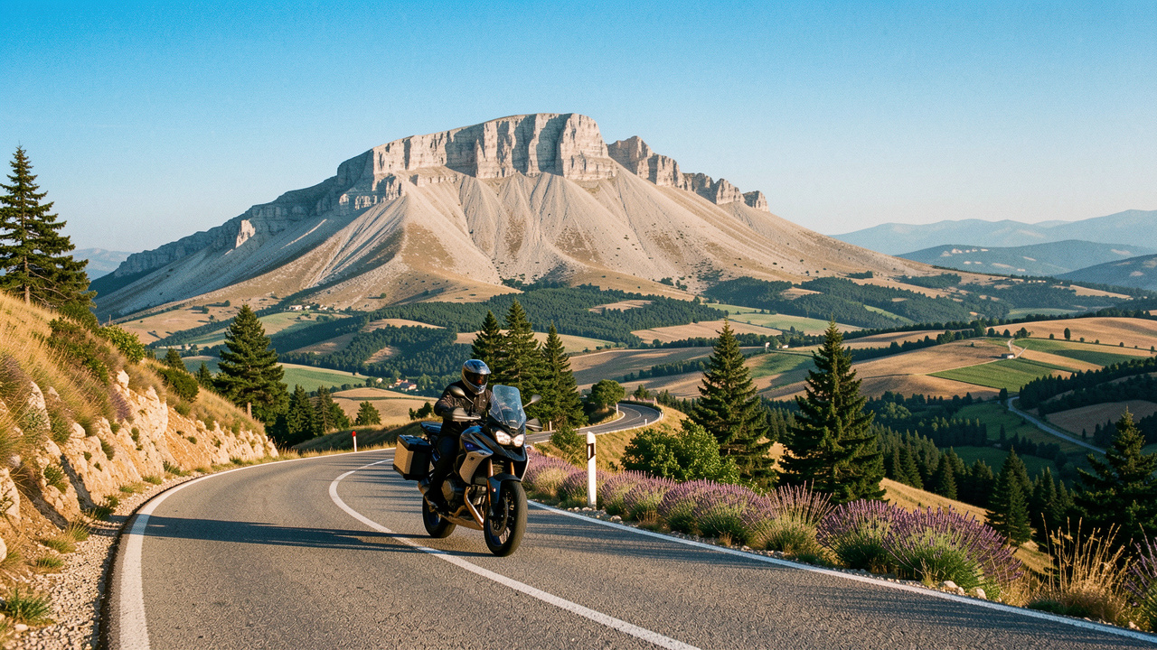 Moto de tourisme sur une route sinueuse du mont Ventoux, entourée de paysages provençaux, de pins et de champs de lavande.