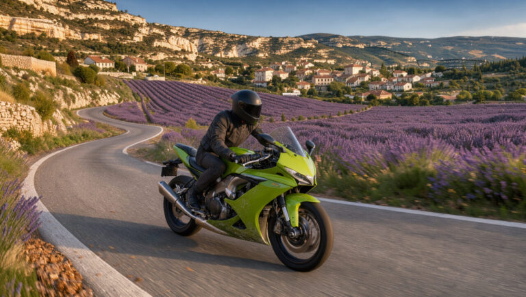 Moto sportive vert citron roulant sur une route sinueuse entre les champs de lavande du Luberon et les falaises du Verdon.