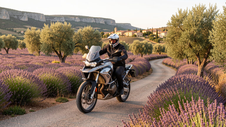 Moto trail moderne roulant sur une route sinueuse bordée de lavande et d’oliviers en Provence.