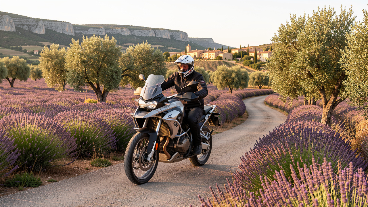 Moto trail moderne roulant sur une route sinueuse bordée de lavande et d’oliviers en Provence.