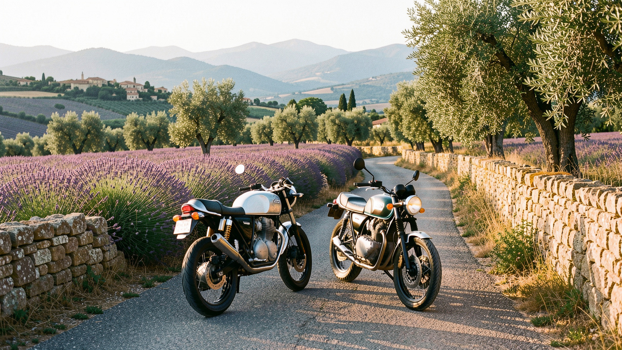 Deux motos 125, un roadster et un modèle classique, garées sur une route sinueuse au milieu des paysages provençaux.