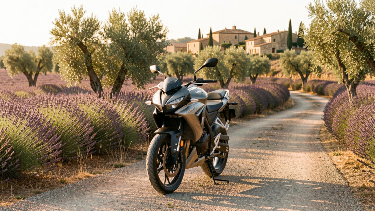 Moto routière 125 cm³ stationnée sur une route sinueuse au milieu des champs de lavande en Provence, sous une lumière dorée.
