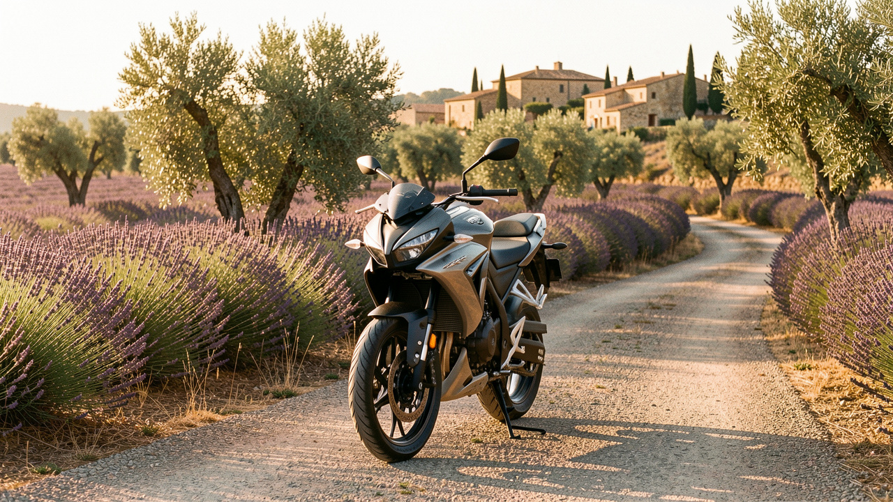 Moto routière 125 cm³ stationnée sur une route sinueuse au milieu des champs de lavande en Provence, sous une lumière dorée.