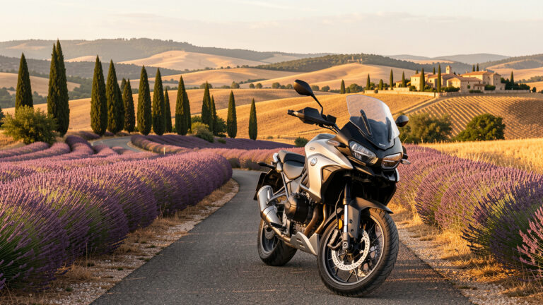 Moto de moyenne cylindrée garée sur une route sinueuse au milieu des champs de lavande en Provence.