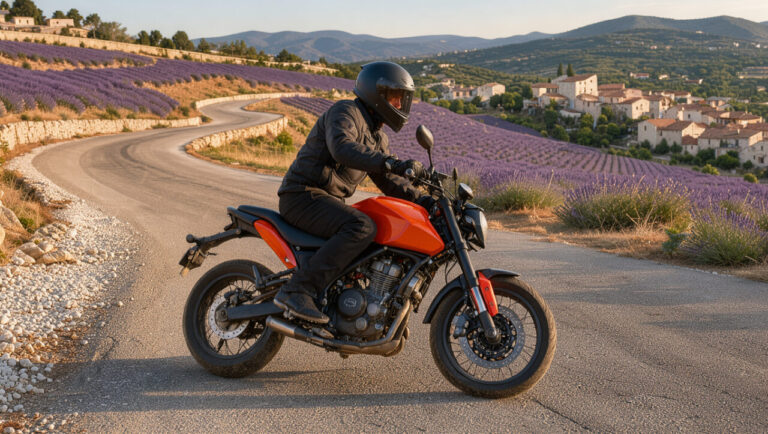 Moto orange de moyenne cylindrée conduite sur une route sinueuse au cœur des paysages provençaux, entre champs de lavande et villages en pierre.