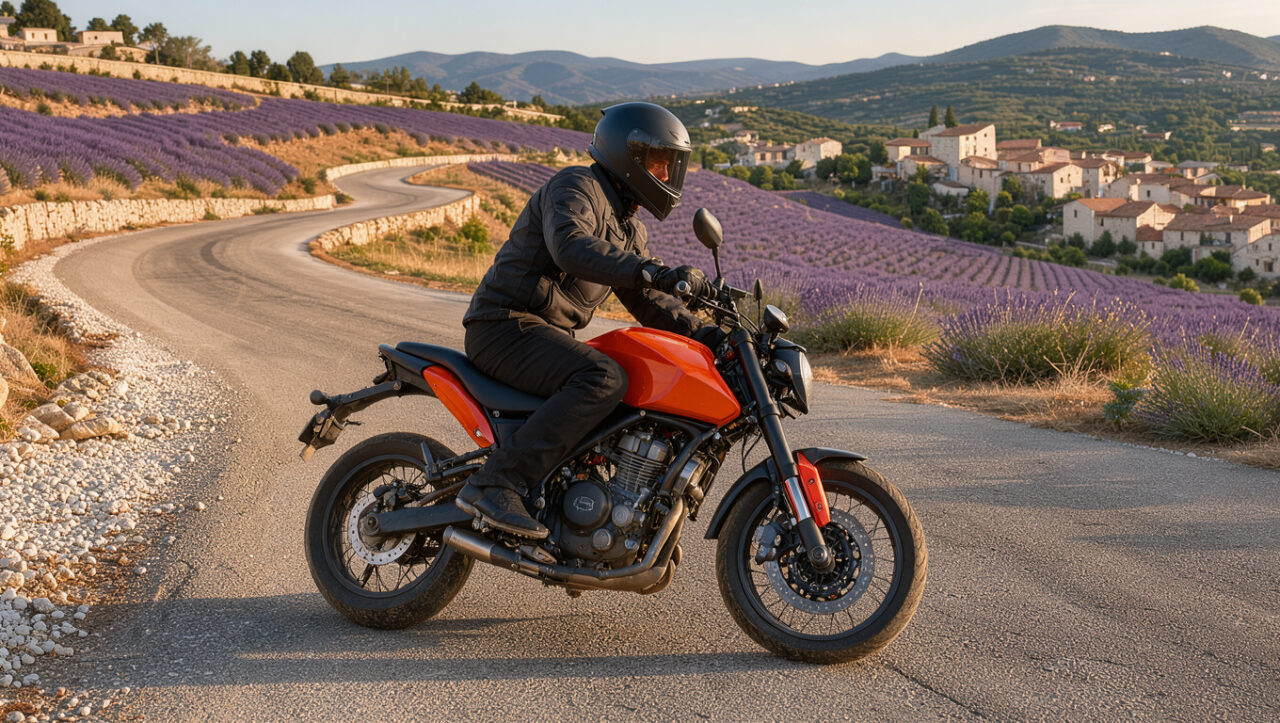 Moto orange de moyenne cylindrée conduite sur une route sinueuse au cœur des paysages provençaux, entre champs de lavande et villages en pierre.