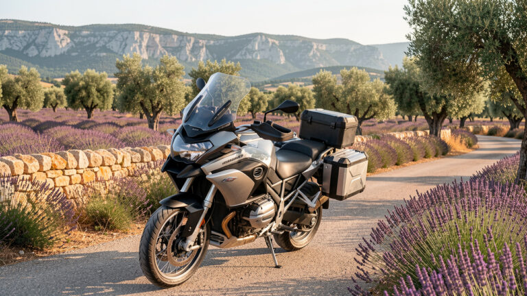 Grande moto de tourisme et d’aventure stationnée sur une route sinueuse au milieu des champs de lavande en Provence.