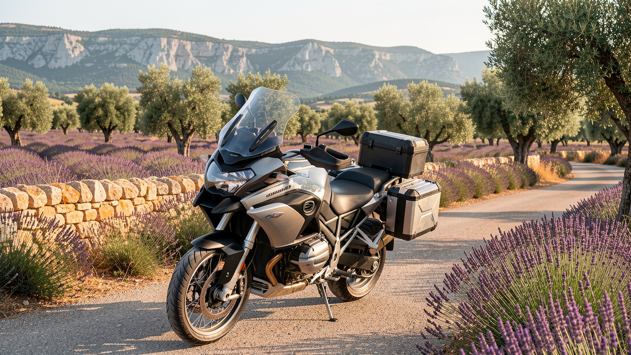 Grande moto de tourisme et d’aventure stationnée sur une route sinueuse au milieu des champs de lavande en Provence.