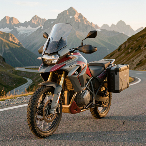 Moto de voyage tout-terrain rouge et grise équipée de valises latérales, stationnée sur une route de montagne face à un paysage alpin.