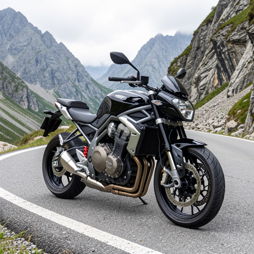 Moto roadster BMW R 1200 R noire et argentée stationnée sur une route de montagne, vue de trois quarts avant.